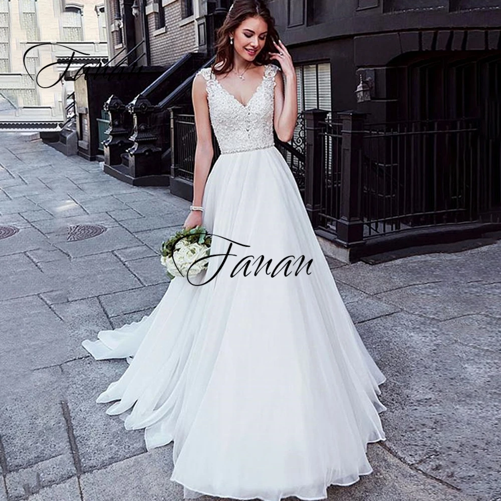 

Customize A-Line V-Neck Wedding Dresses Beading Backless Chiffon Appliques Bridal Gown vestidos de novia Свадебное платье