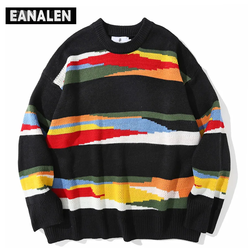 Harajuku-suéter vintage de punto a rayas de arco iris para hombre y mujer, jersey de gran tamaño de rock, abuelo