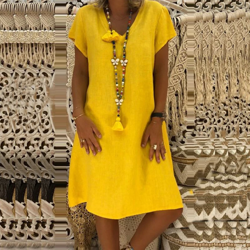 Женское летнее платье Стильное однотонное Свободное с v образным вырезом и