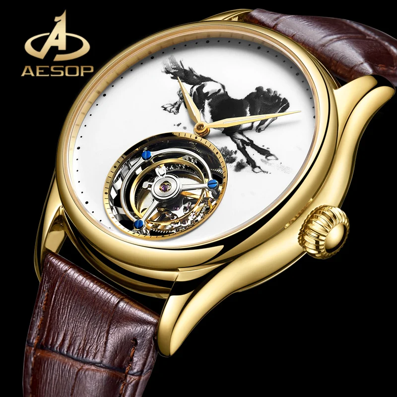 Эзоп Для мужчин реальные механические часы с турбийоном двухсторонняя