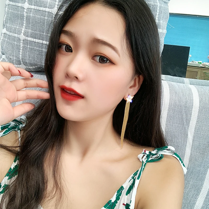 

DREJEW Long Tassel Gold Silver Star Statement Dangle Earrings Fashion Christmas Alloy Drop Earrings for Women Wedding HE9451