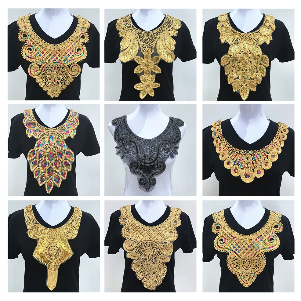 Золотой кружевной воротник Венеция с блестками Цветочная вышитая аппликация