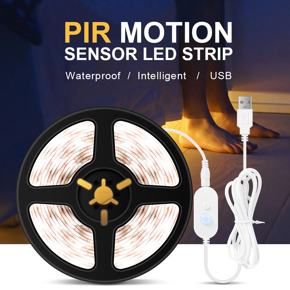 

PIR Motion Sensor LED Strip Light Closet Wardrobe Stair Hallway Bed Lamp SMD 2835 Night Light DC5V Flexible Strip Light