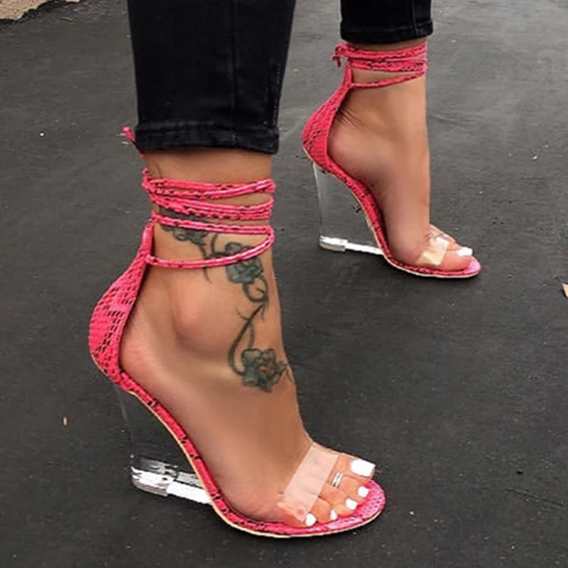 Модные женские босоножки Прозрачные туфли на танкетке и высоком каблуке