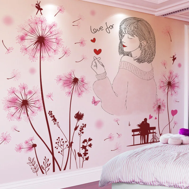 

[SHIJUEHEZI] Dandelions Flowers Plants Wall Stickers DIY Cartoon Girl Wall Decals for Kids Bedroom Living Room Home Decoration