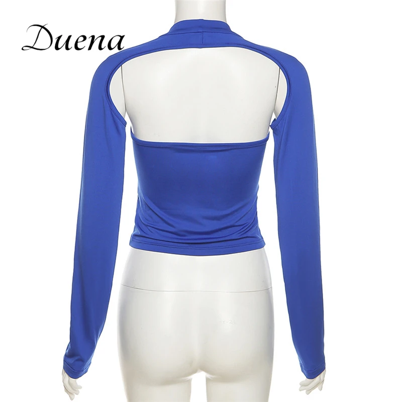 

Duena Halter Tow Piece Long Sleeve Crop Top Summer Cropped Party Wear Solid Skinny Bandage Sexy Bare Back Tops