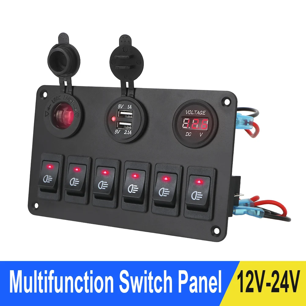 

Car Marine Circuit Breaker 6 Gang Rocker Switch Panel ON/OFF USB Port LED Digital Voltmeter DC 12V/24V For Car RV Truck ATV UTV