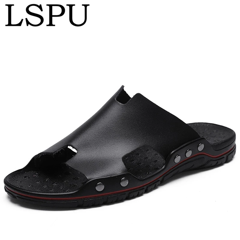 Сланцы мужские из натуральной кожи дышащие шлепанцы без застежки Повседневная