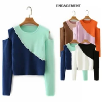 engagement za 2021 female fashion wood ear design off shoulder sweater autumn women color matching sweater top