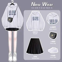 college style suit female gray hooded sweater early autumn pleated skirt suit skirt two piece suit