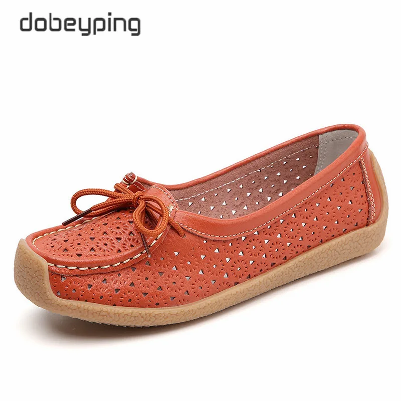 New Autumn Women's Shoes Real Leather Woman Shoe Lace-Up Female Loafers Cutout Ladies Ballet Flats Moccasins Walking Footwear