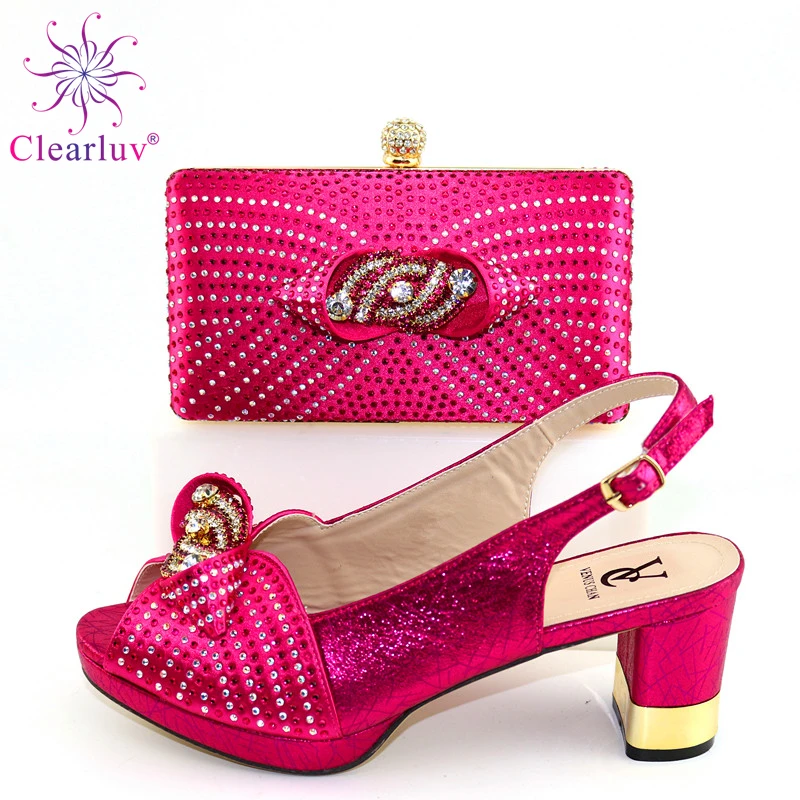 

FUCHSIA High Quality INS Hot Shoes With Matching Bags Set Italian Women's Party Shoes and Bag Sets African Women Sandals And Bag