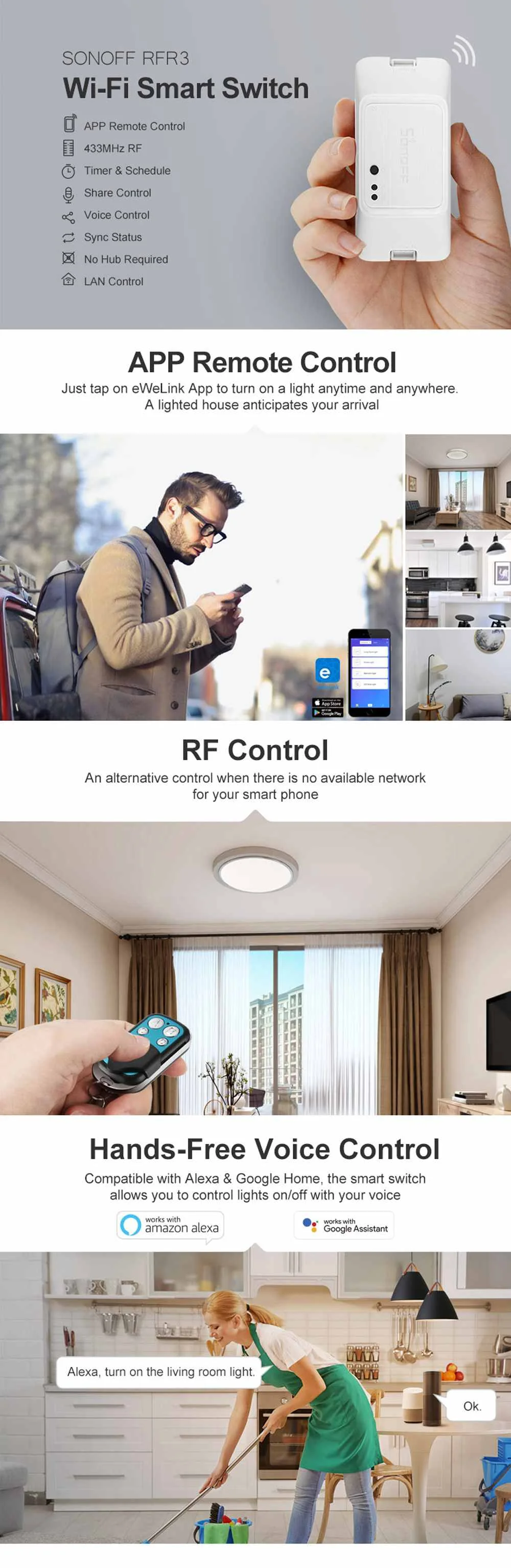 SONOFF RF R3 вкл/выкл wifi беспроводной умный RF пульт дистанционного управления таймер переменного тока 100-240 В 10 А 2200 Вт умный переключатель работает с Amazon-Alexa
