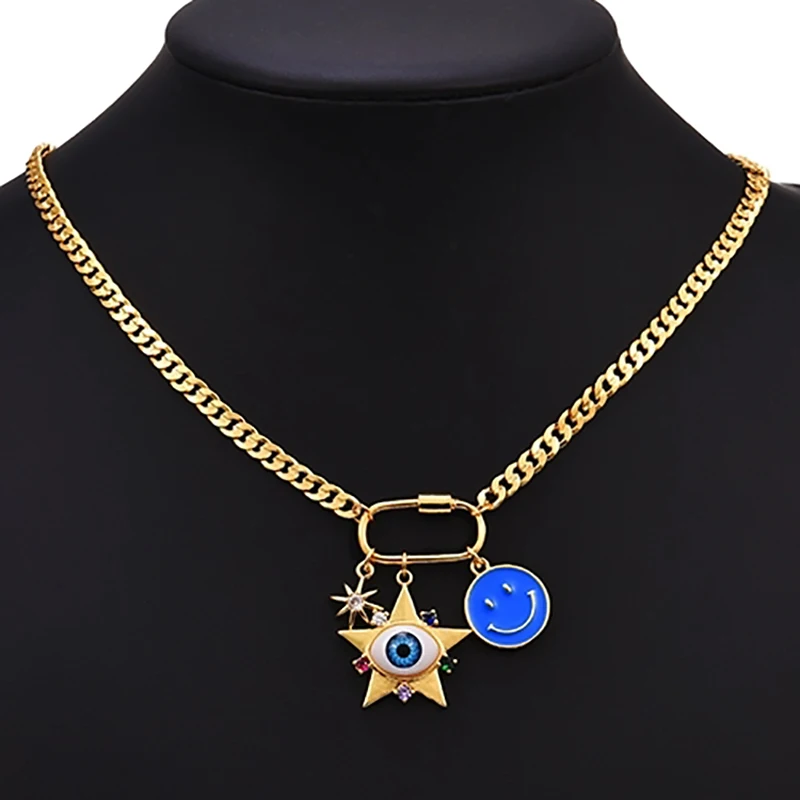 

ZHINI New Fashion Stainless Steel Gold Long Chain Choker Necklace Personality Eye Smiley Face Pendant Necklaces for Women Gift