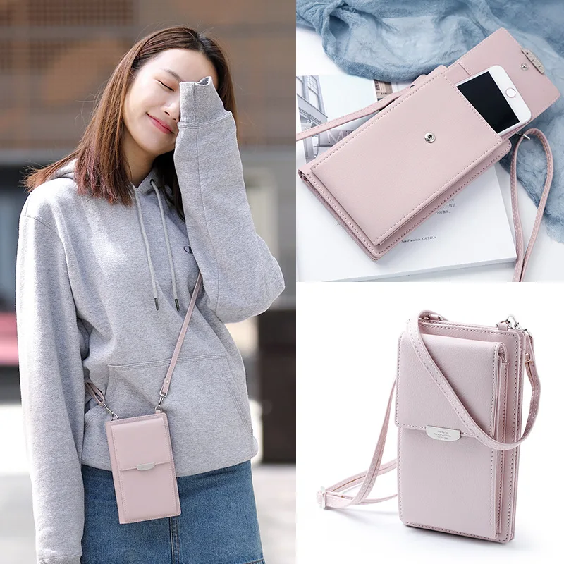 2021 new women purses solid color leather shoulder strap bag mobile phone bag card holders wallet handbag pockets for girls free global shipping