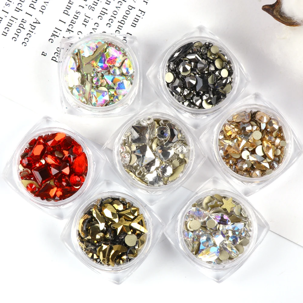 1 Box Mixed Glass 3D Rhinestones For Nail Art Decorations Crystal Gems Jewelry Gold AB Shiny Stones Manicure Accessories LA1607 | Красота и
