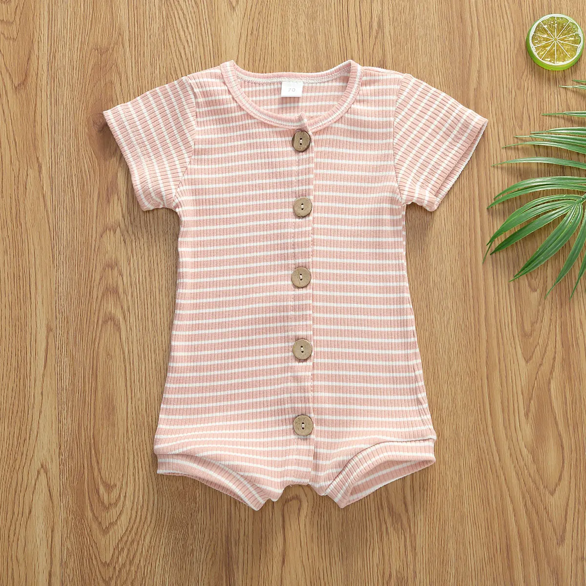 2020 Baby Summer Clothing Infants Girls Knitted Ribbed Romper Cotton Top Short Sleeve Buttons Striped Jumpsuit Sleepingwear | Детская