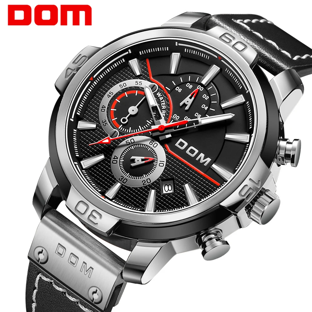 Enlarge DOM Stylish Wrist Watch For Men Genuine Leather Strap Quartz Watches Waterproof Analog Chronograph Business Watches