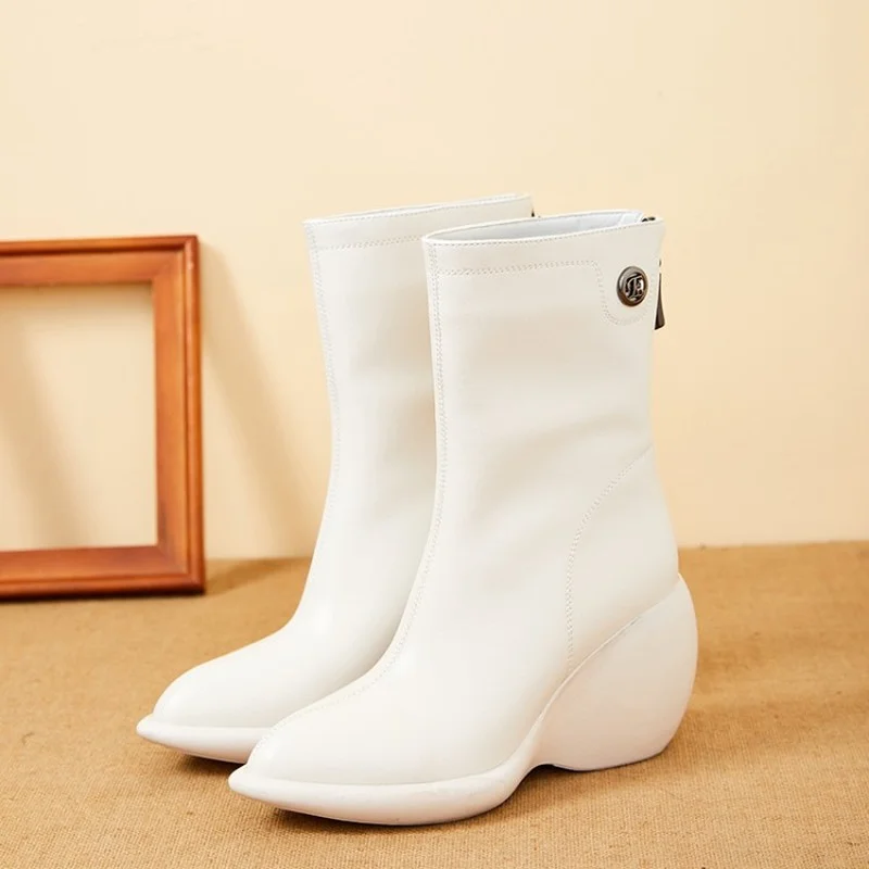 

Autumn Winter Women's Boots European and American Fashion Boots High Heels Black White Fashion Short Tube Women's Leather Boots