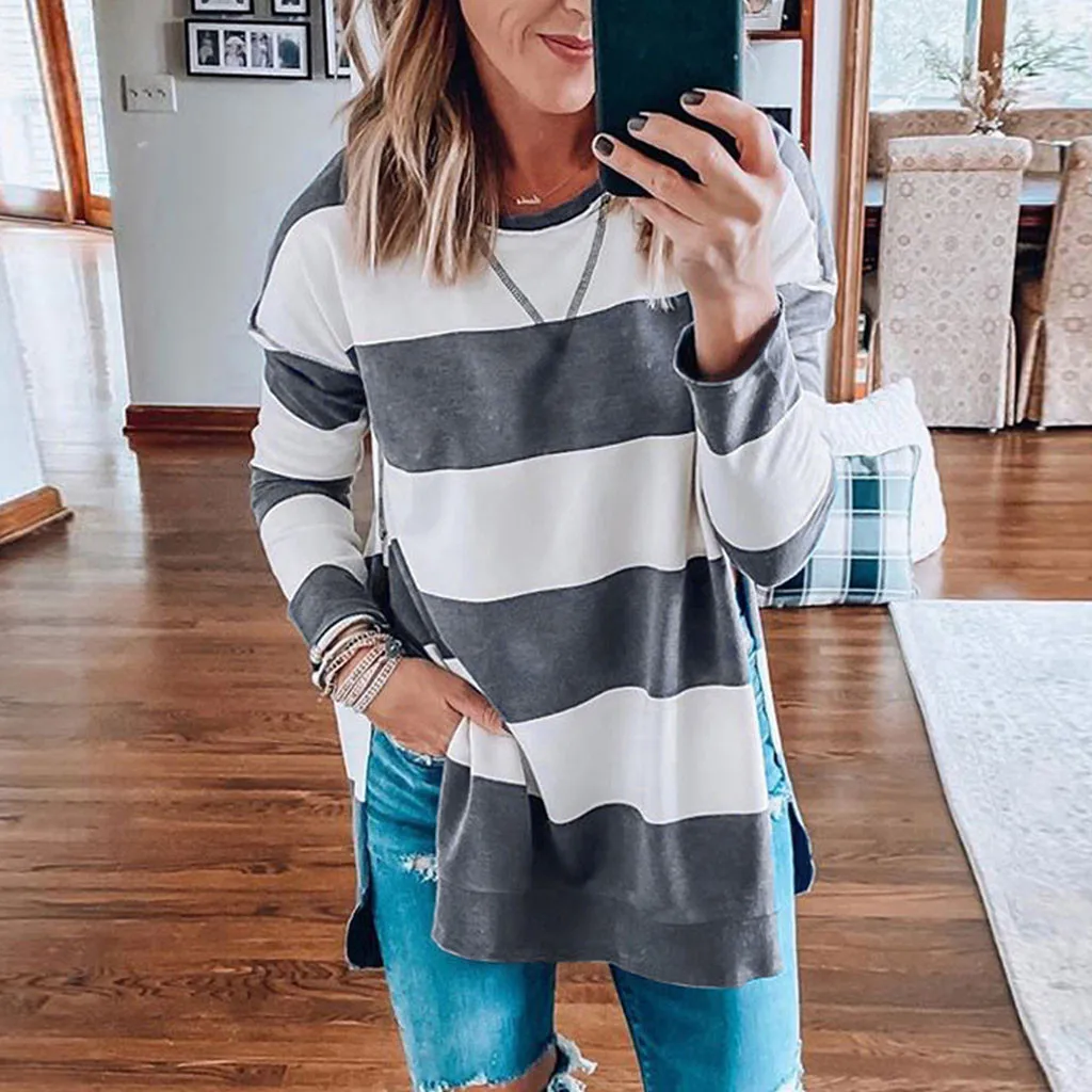 Женский свитшот полосатая рубашка с круглым вырезом Повседневная Блузка длинным