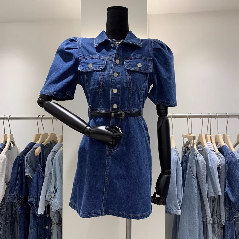 

2021 Лето Женщины с высокой талией с короткими пышными рукавами, джинсовое мини-платье отложной воротник ремень bodycon Карандаш платье A390