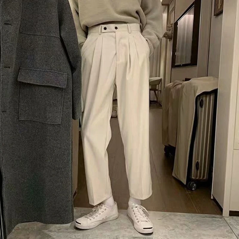 Pantalones de traje elásticos para hombre, pantalón informal británico, estilo coreano, Color sólido, pierna recta, Harem, suelto, de nueve puntos