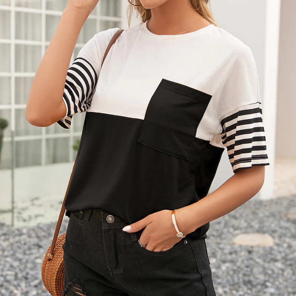 

2021 summer women's striped stitching contrast color round neck short-sleeved loose T-shirt top women