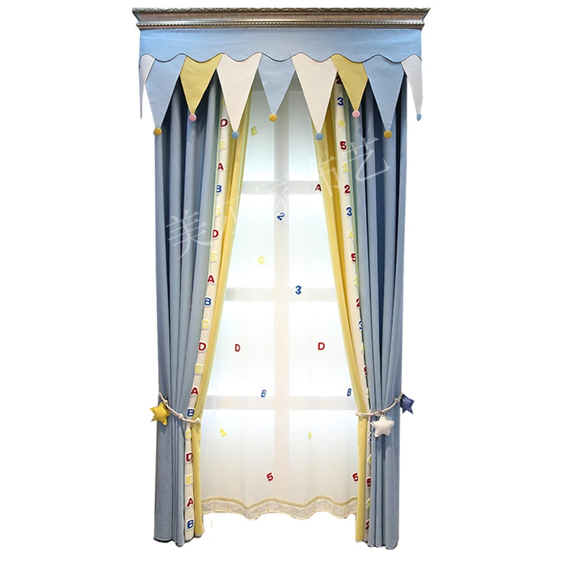 

Customized small fresh blue Nordic simple stitching children's room curtain cloth boy bedroom girl room bay window shading