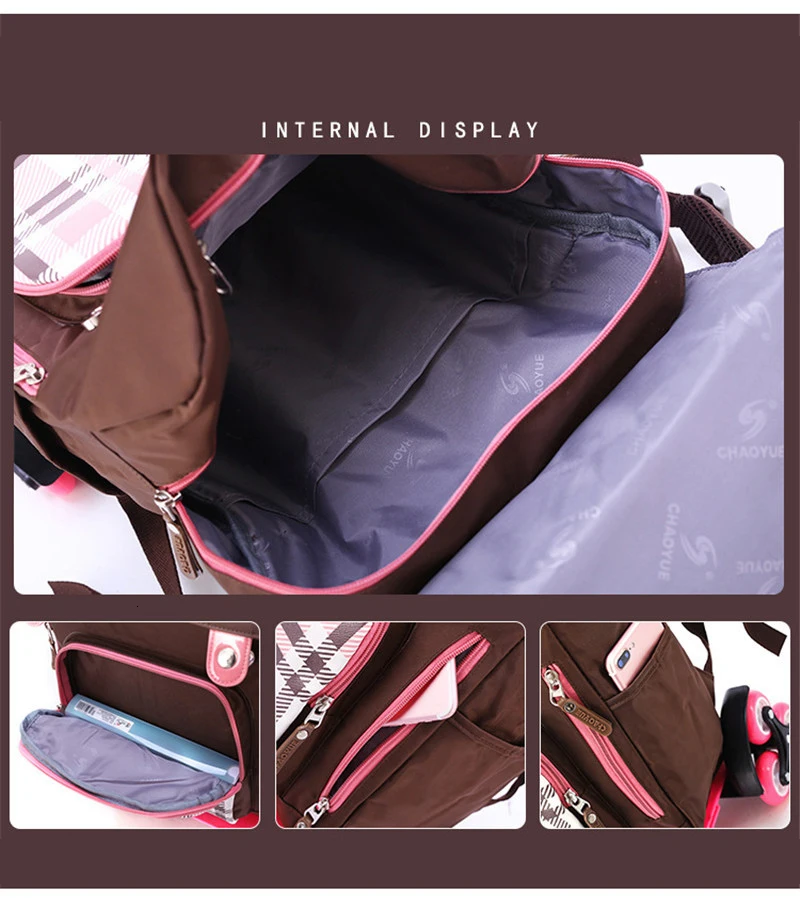 Клетчатая модная школьная сумка на колесиках с принтом 2/6 колеса Съемный Детский