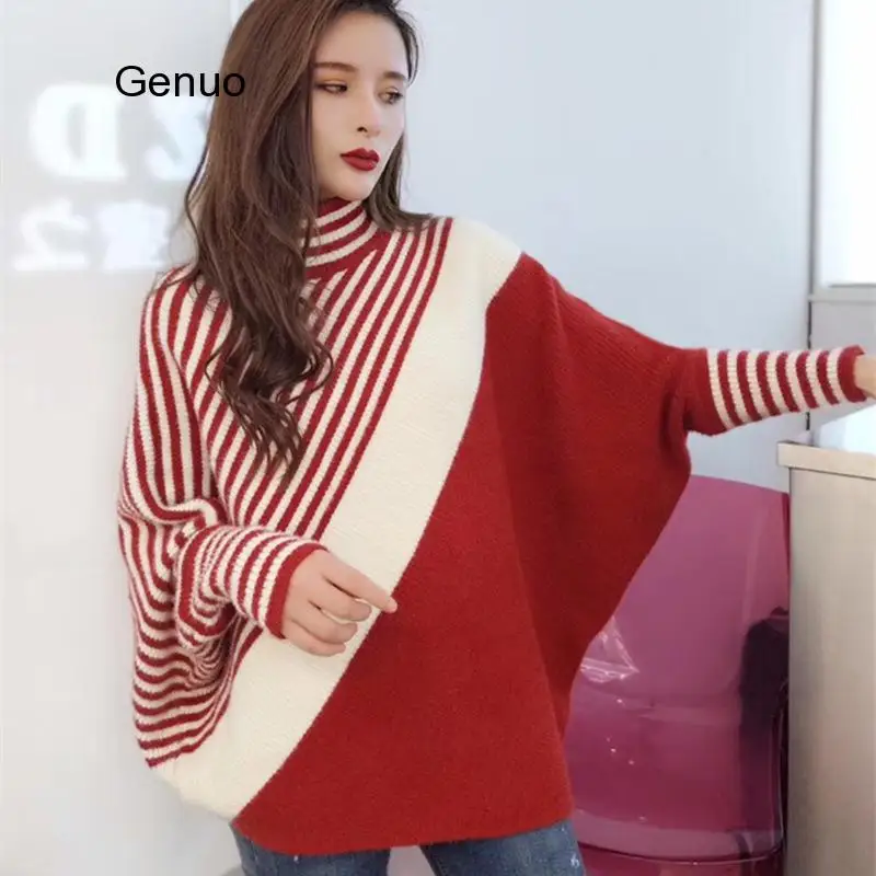 

Autumn Winter Women Knitted Sweater Turtleneck Diagonal Stripe Batwing Sleeve Asymmetrical Pullover Sweaters Female Knitwear