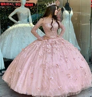 puffy quinceanera dresses ball gown long sleeves floor length sequins beaded flowers cheap sweet 16 dresses