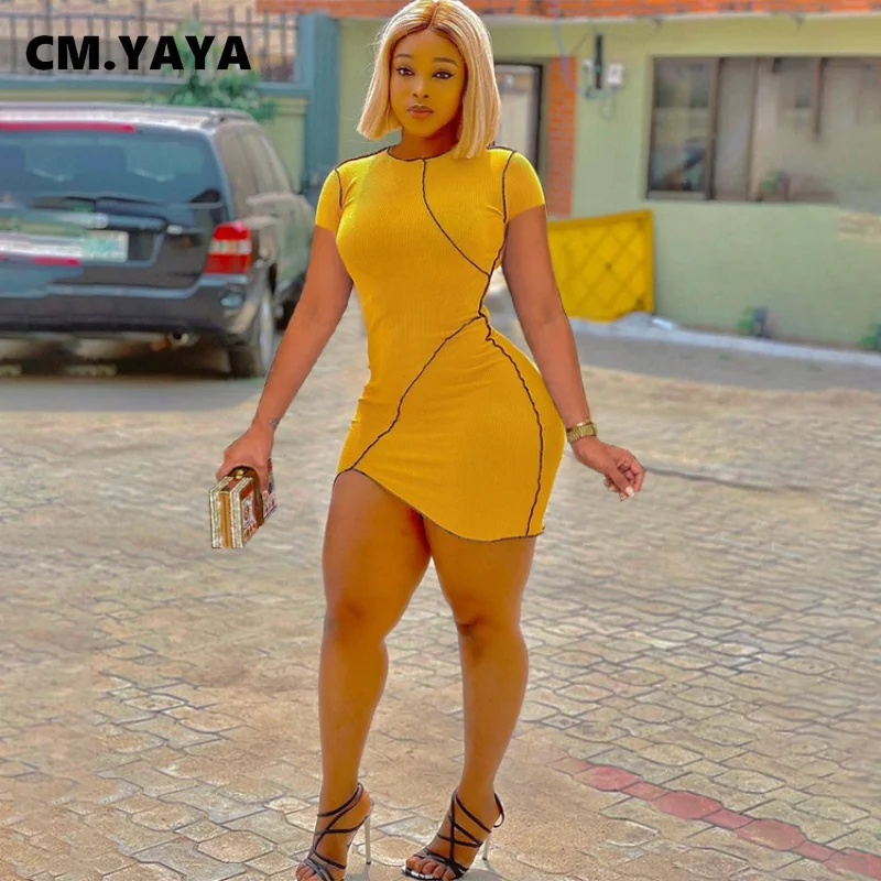 

Мини-платье CM.YAYA женское однотонное с коротким рукавом и круглым вырезом, эластичное облегающее платье, повседневные модные платья, летняя ...
