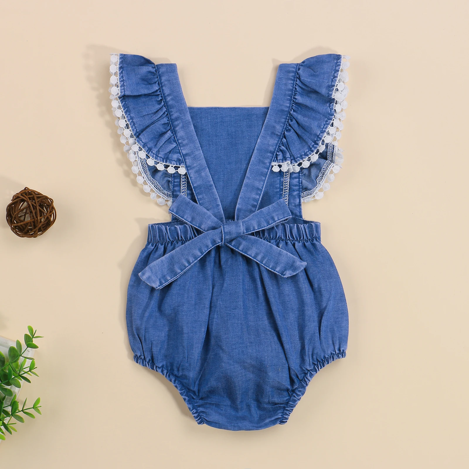 Боди летнее с бахромой и открытой спиной для девочек темно-синее | Детская одежда