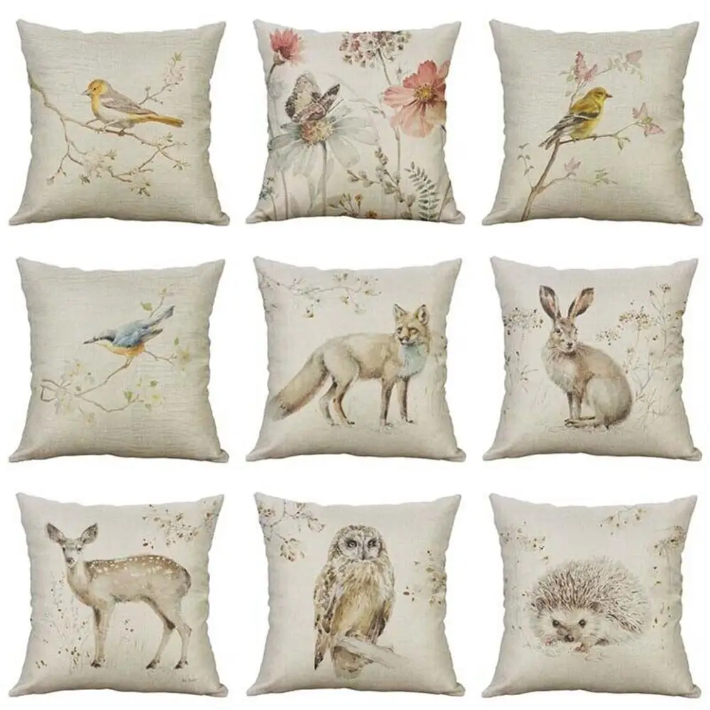 

18" Vintage Small Animal Linen Pillow Case Sofa/Living Room Waist Decor Cute Animal Cotton Home Cushion For Bedroom Office