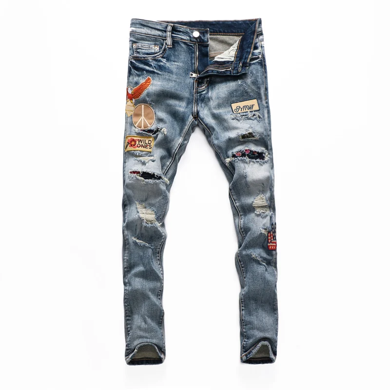 American Street Style Fashion Men Jeans Retro Blue Elastic Slim Fit Ripped Jeans Men Patches Designer Hip Hop Denim Punk Pants