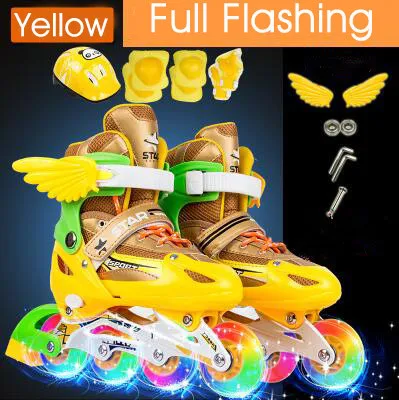 Full-Set-Yellow Новые детские роликовые коньки для мальчиков и девочек, регулируемый размер, мигающие ботинки для катания на роликах для детей - Цвет: Full-Set-Yellow