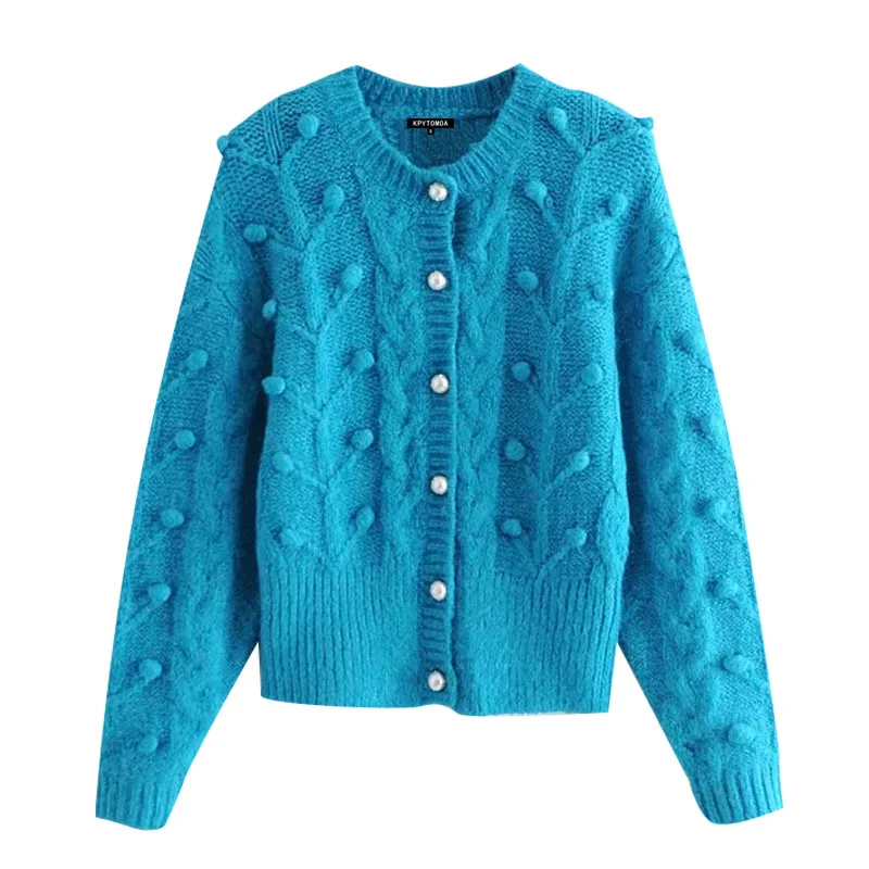 

Women 2021 Fashion Faux Pearl Buttons Pom Pom Knitted Cardigan Sweater Vintage Long Sleeve Female Outerwear Chic Tops