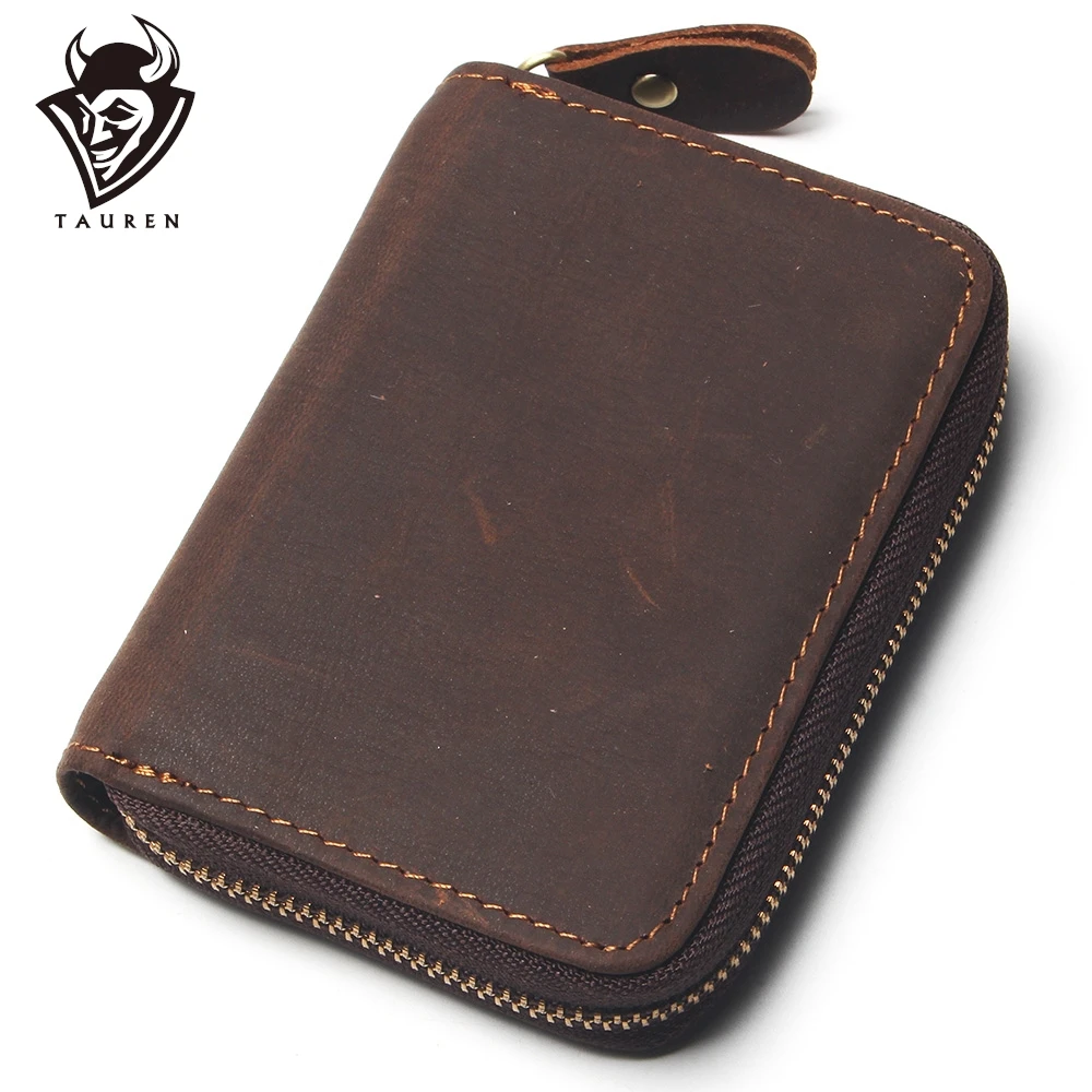 

Vintage 12 Card Slots Crazy Horse Leather Purse Men Wallet Women ID Credit Zipper Mini With Multi