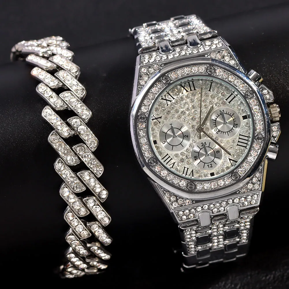 Женские и мужские кварцевые часы со стразами с браслетом | Наручные