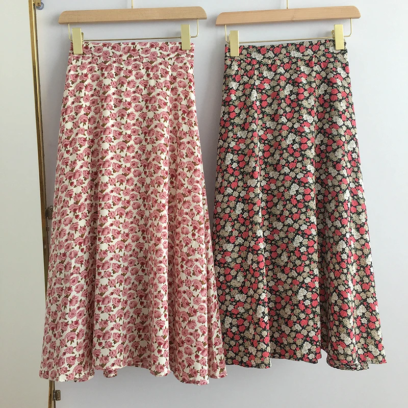 

2021 SUMMER New High Waist Chiffon Skirt Hanfeng Elastic Waist Medium Length Floral Skirt A-line Skirt