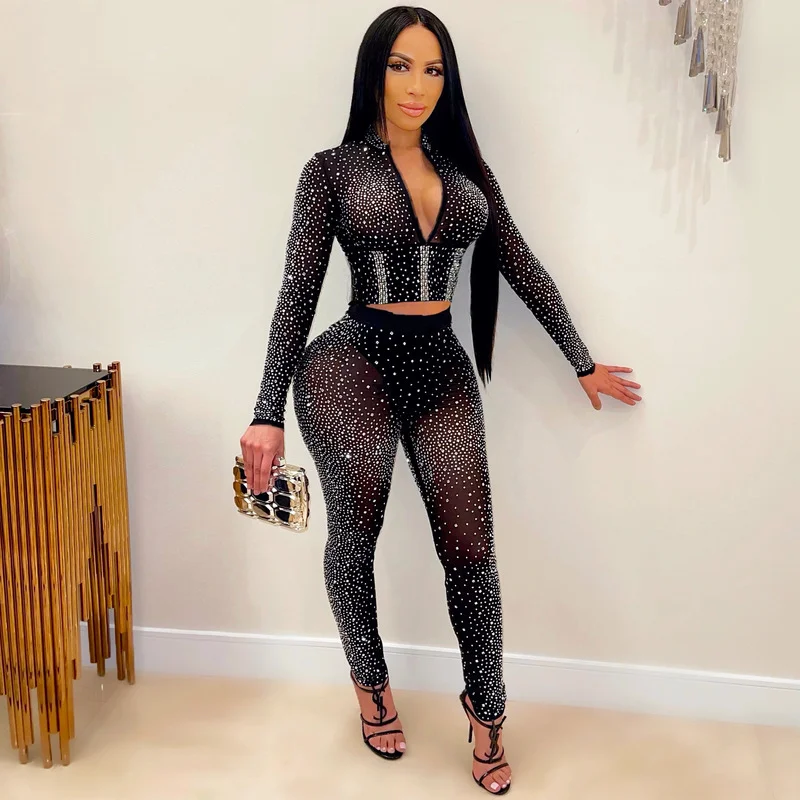 

New Black Diamonds Sheer Mesh Navel Sexy Night Club 2 Piece Set Women Full Sleeve V-Neck Slim Two Piece Outfits Woman Pant Suits