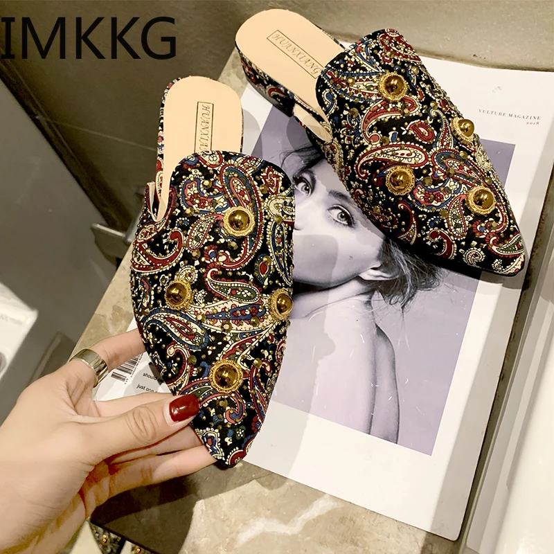 Женские мюли на низком каблуке с заостренным носком модные летние туфли