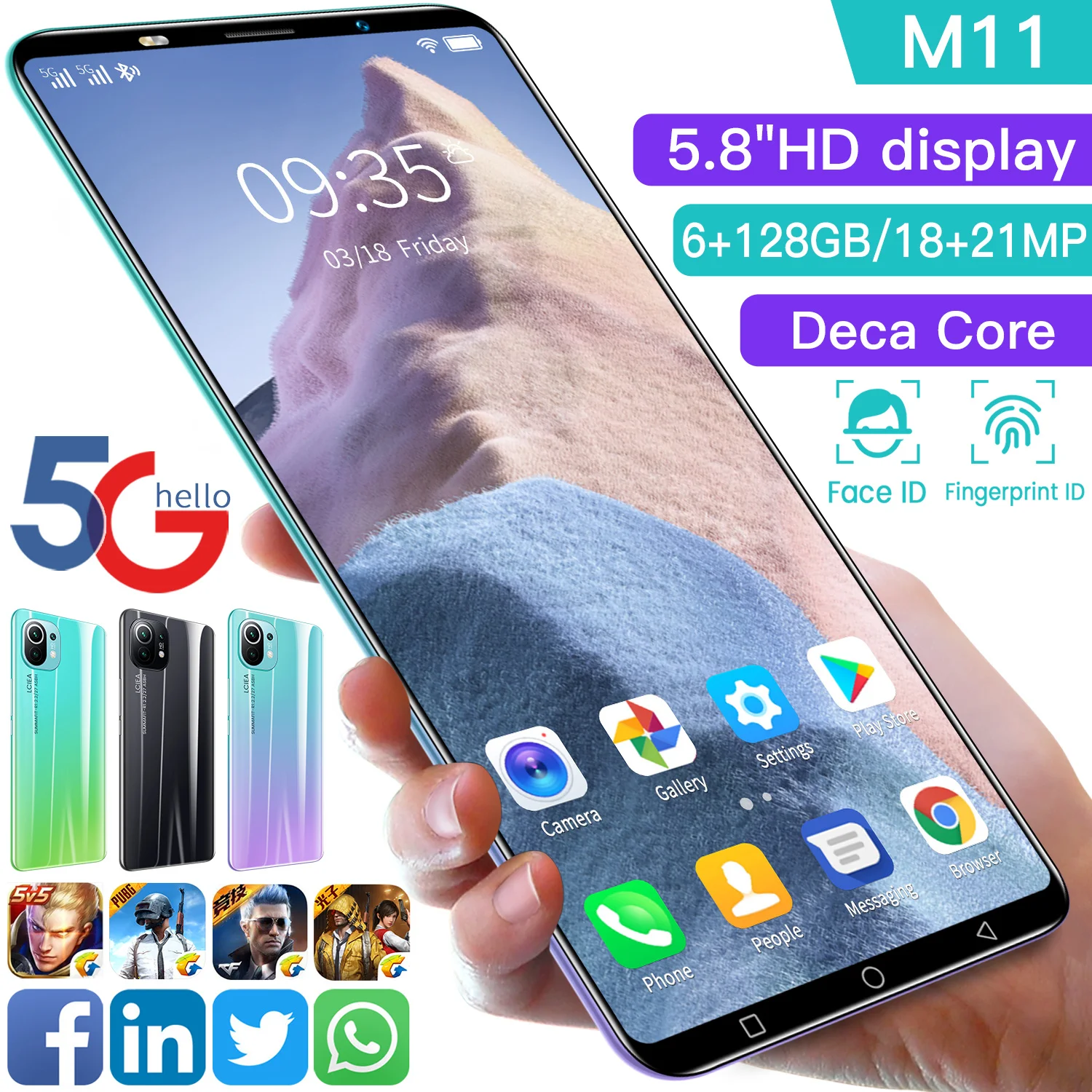 

Hot Sale M11 5.8 Inch 4GB RAM 128GB ROM 18+21MP Face Fingerprint ID Cheap Andriod Phone Global Deca Core Dual SIM Smart Phone