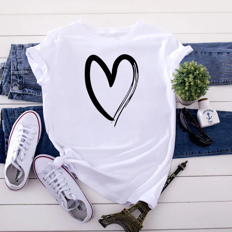 

Heart Print Fine Line Korean T Shirt Women Fashion Tops Shirts Short Sleeve Round Nack T-Shirts Leisure Top Tee Casual Ladies