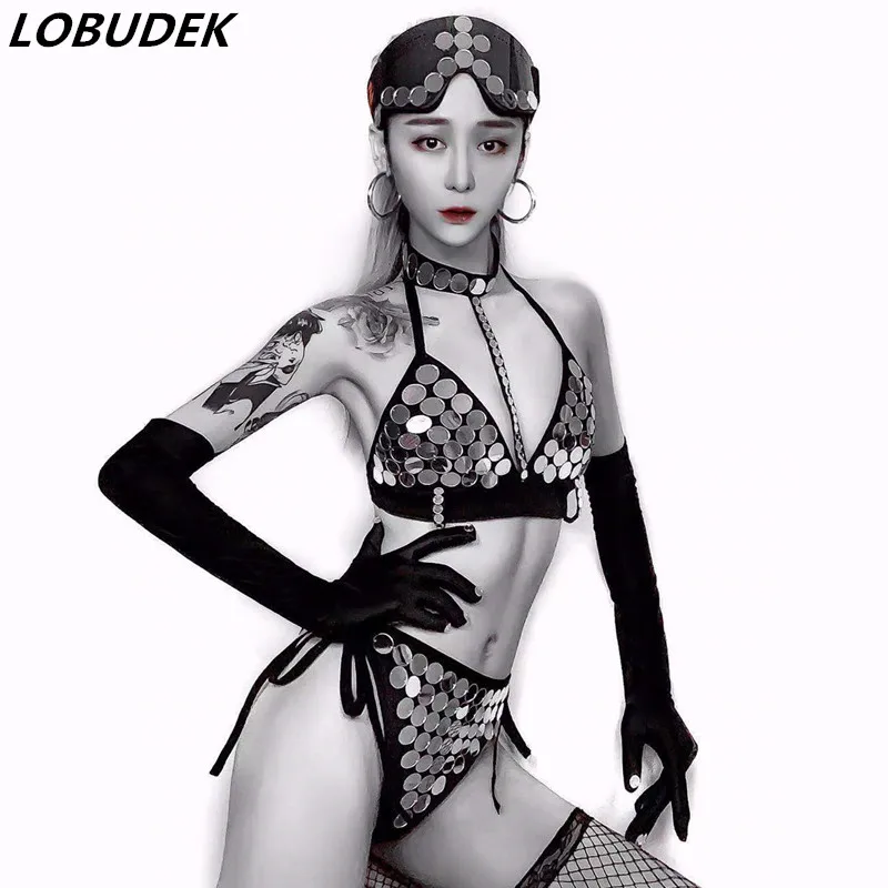 Комплект бикини с блестками серебристо-черный костюм зеркальным бюстгальтером и