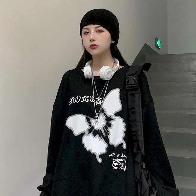 

Женский Осенний тонкий свитшот в Корейском стиле, Свободный Топ в стиле Харадзюку С принтом бабочек и круглым вырезом и длинными рукавами д...