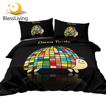 BlessLiving Disco Turtle Bedding Set Funny Tortoise Duvet Cover Set Queen Size Cartoon Bed Cover Adult Colorful Bedclothes 3pcs 1