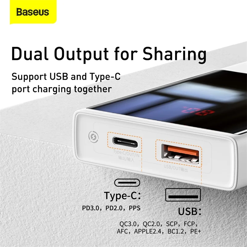 Внешний аккумулятор Baseus на 20000 мА · ч с портами USB Type C и поддержкой быстрой