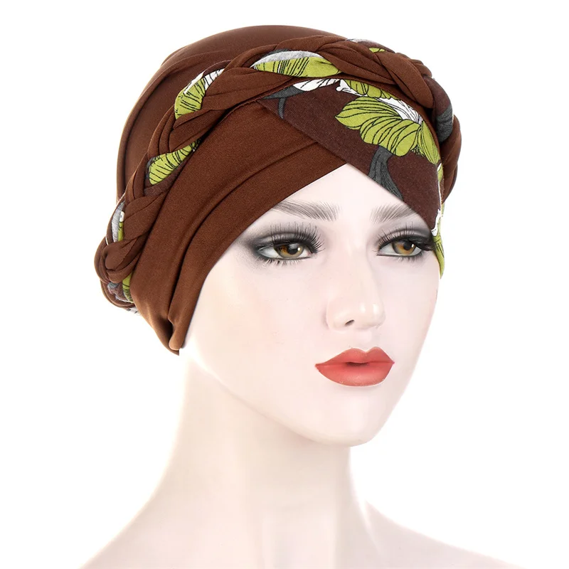 

2021 Summer New Women Braid Turban Hat Flower Printed Cotton Headscarf Bonnet Forehead Cross African Muslim Hijabs Ready to wear