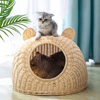 cat bed round flat bottom hideaway nest wicker cage hand woven washable playing house basket litter kennel toy